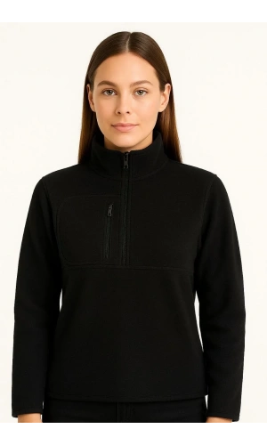 Kadın Polar Kazak – Dik Yaka, Yarım Fermuarlı, Fermuarlı Göğüs Cepli, Siyah Biyeli, Kışlık Rahat Regular Fit Günlük Model - Siyah