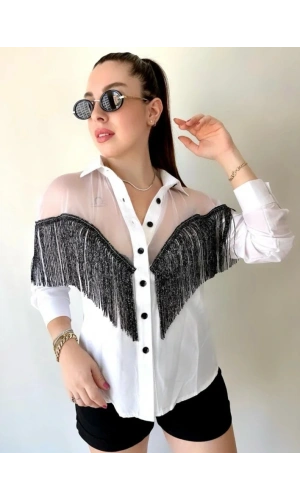 Kadın Püskül Detay Poplin Gömlek Bluz Fırsat Ürün