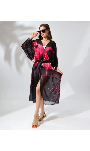 Kadın Rahat Kesim Şifon Kimono - Siyah