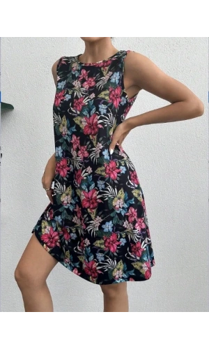 Kadın Renkli çiçek Baskılı Süprem Elbise