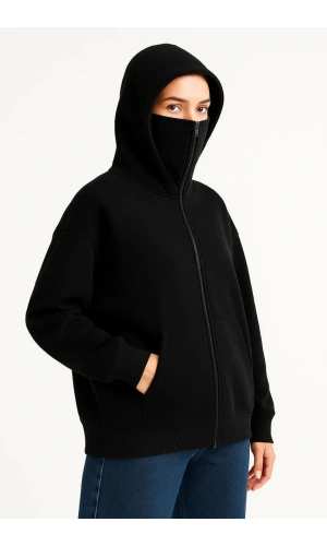 Kadın Samuray Ninja Çift Kapüşonlu Maske Detaylı Fermuarlı Kanguru Cepli Hoodie - Siyah