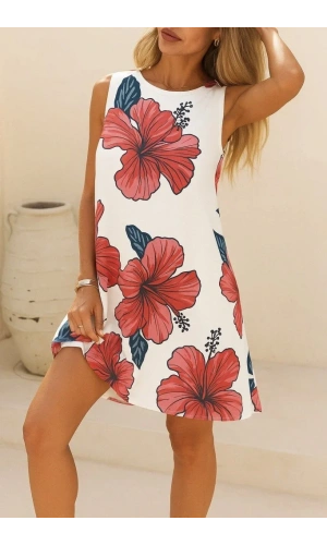 Kadın Sıfır Kol Sırttan Bağlamalı Fırfırlı çiçek Desenli Süprem Elbise