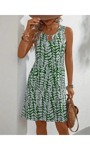 Kadın Sıfır Kol Yakadan Halka Detaylı Desenli Kısa Bürümcük Elbise