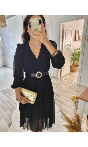 Kadın şifon Kumaş Astalı Kloş Kesim Kruvaze Yaka Midi Boy Elbise