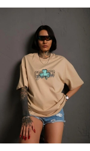 Kadın Sırt Baskılı T-shirt - Bej