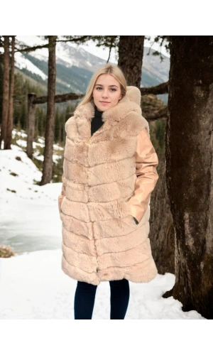 Kadın Suni Kürk Hakiki Deri - Somon