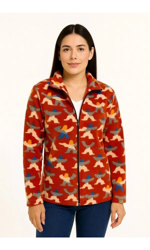 Kadın Tam Fermuarlı Desenli Polar Sweat – Siyah Multicolor Figür Desen Yakalı, Uzun Kollu, Oversize Rahat Kalıp - Kiremit