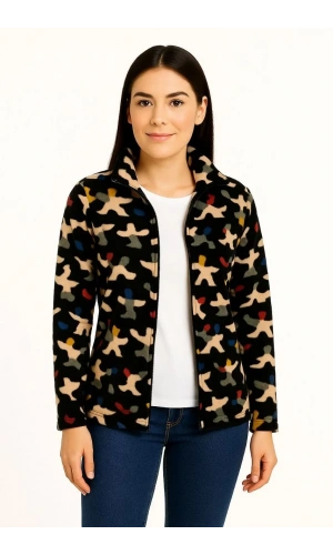 Kadın Tam Fermuarlı Desenli Polar Sweat – Siyah Multicolor Figür Desen Yakalı, Uzun Kollu, Oversize Rahat Kalıp - Siyah
