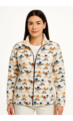 Kadın Tam Fermuarlı Desenli Polar Sweat – Siyah Multicolor Figür Desen Yakalı, Uzun Kollu, Oversize Rahat Kalıp - Beyaz