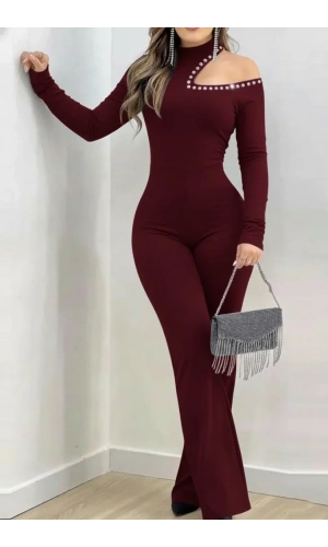 Kadın Tek Omuzdan Açık Balıkçı Yaka Taş Detaylı Uzun Ithal Krep Tulum