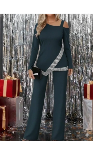 Kadın Tek Omuzdan Açık Uzun Kollu önü Pulpayet Ithal Krep Bluz Ve Pantolon