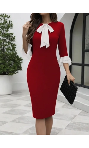 Kadın Truvakar Kollu Fiyonk Yakalı Midi Ithal Krep Elbise