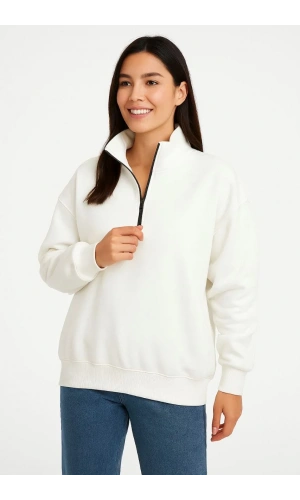 Kadın Üç İplik Dık Yaka Yarım Fermuarlı SweatShirt - Beyaz