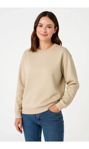 Kadın Üç İplik Düz Bisiklet Yaka SweatShirt - Bej