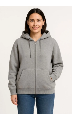 Kadın Üç İplik Kapüşonlu Tam Fermuarlı Kanguru Çepli SweatShirt Hoodie - Gri