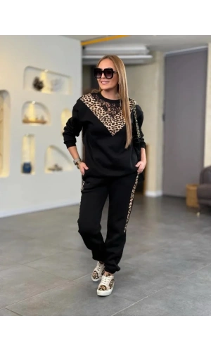 Kadın üç Iplik Kumaş Leopar Desenli Dantel Detaylı Ikili Takım