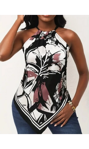 Kadın üçgen Kesim Boyundan Bağlamalı çiçek Desen Süprem Bluz