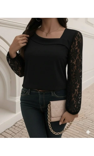 Kadın Uzun Kollu Asimetrik Yakalı Dantelli Ithal Krep Bluz