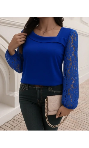 Kadın Uzun Kollu Asimetrik Yakalı Dantelli Ithal Krep Bluz