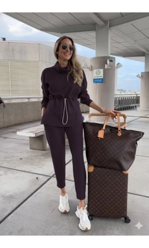 Kadın Uzun Kollu Balıkçı Yaka Belden Lastikli Modal Bluz Ve Pantolon Ikili Takım