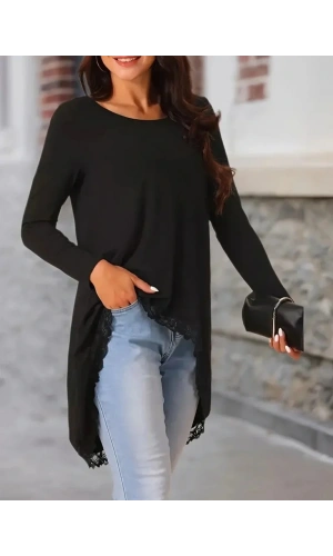 Kadın Uzun Kollu Bisiklet Yaka Asimetrik Kesim Detaylı Dantelli Viskon Bluz