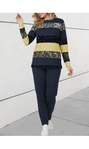 Kadın Uzun Kollu Bisiklet Yaka çizgili Desen Iki Iplik Bluz Ve Pantolon Ikili Takım
