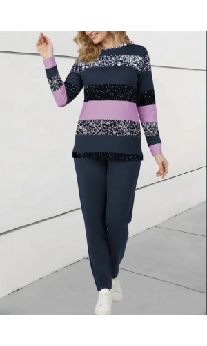 Kadın Uzun Kollu Bisiklet Yaka çizgili Desen Iki Iplik Bluz Ve Pantolon Ikili Takım