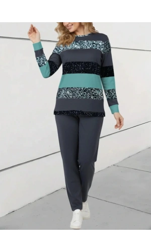 Kadın Uzun Kollu Bisiklet Yaka çizgili Desen Iki Iplik Bluz Ve Pantolon Ikili Takım