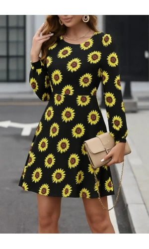 Kadın Uzun Kollu Bisiklet Yaka Desenli Kısa Krep Elbise