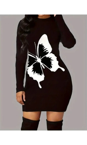 Kadın Uzun Kollu Bisiklet Yaka Kelebek Desenli Kısa Viskon Iki Iplik Elbise