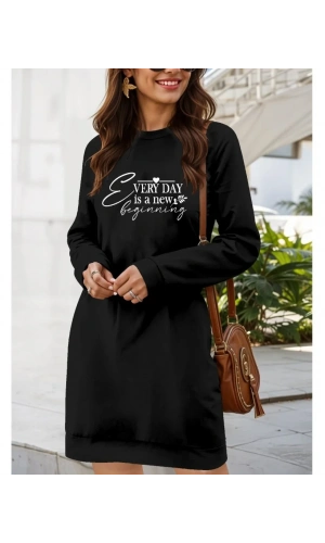 Kadın Uzun Kollu Bisiklet Yaka Kısa Viskon Iki Iplik Elbise