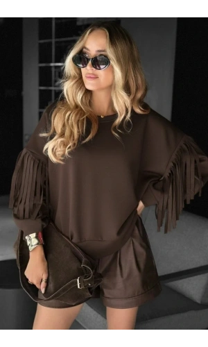 Kadın Uzun Kollu Bisiklet Yaka Kolları Püsküllü Modal Bluz