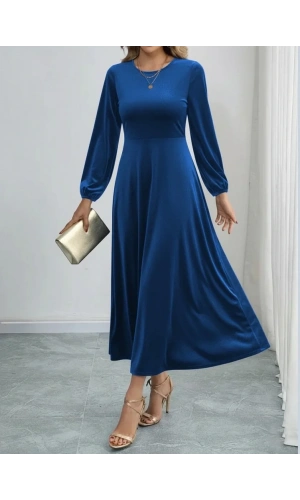 Kadın Uzun Kollu Bisiklet Yaka Midi Kadife Mavi Elbise