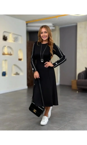 Kadın Uzun Kollu Bisiklet Yaka Midi Modal Elbise