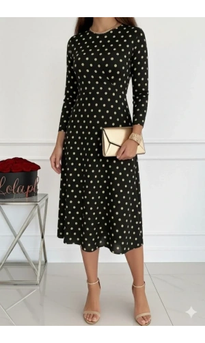 Kadın Uzun Kollu Bisiklet Yaka Puantiyeli örme Krep Midi Elbise