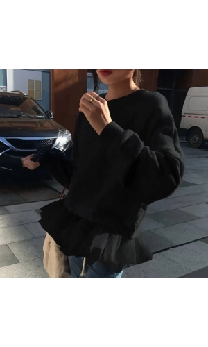 Kadın Uzun Kollu Bisiklet Yaka Tül Volan Detay üç Iplik Sweat