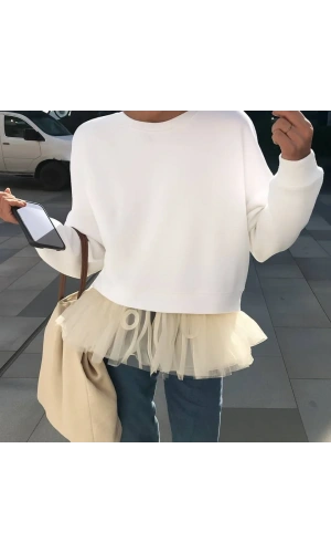 Kadın Uzun Kollu Bisiklet Yaka Tül Volan Detay üç Iplik Sweat