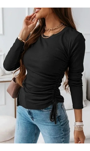 Kadın Uzun Kollu Bisiklet Yaka Yanları Ve Kolları Büzgülü Kadife Bluz