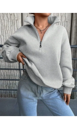 Kadın Uzun Kollu Boğazlı Yaka Fermuar Detay üç Iplik şardonlu Sweat