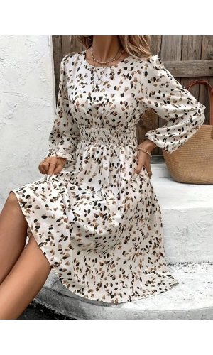 Kadın Uzun Kollu Bot Yaka Beli Lastikli Midi Süprem Elbise