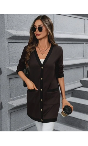 Kadın Uzun Kollu Cepli önden Düğmeli Uzun Modal Ceket
