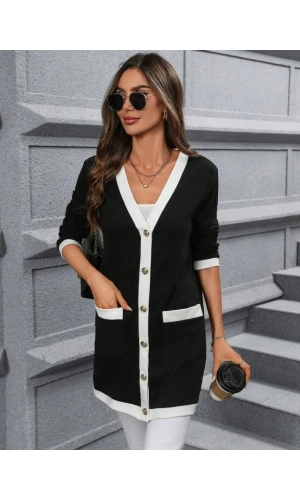 Kadın Uzun Kollu Cepli önden Düğmeli Uzun Modal Ceket