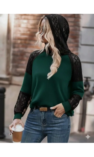 Kadın Uzun Kollu Dantelli Kapşonlu Viskon Iki Iplik Bluz