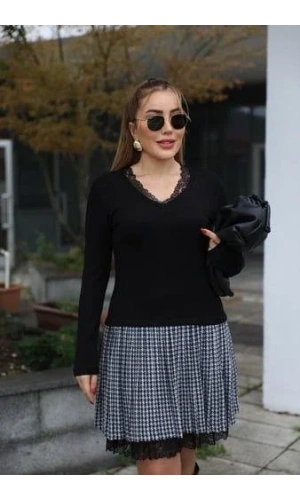 Kadın Uzun Kollu Denteli Yaka Ekose Etek Detay Diz üstü Elbise