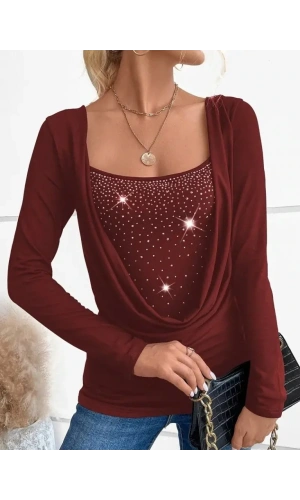 Kadın Uzun Kollu Derin Degaje Yakalı Taşlı Sandy Bluz