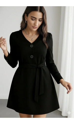 Kadın Uzun Kollu Düğme Detaylı Kendinden Kemerli Ithal Krep Elbise