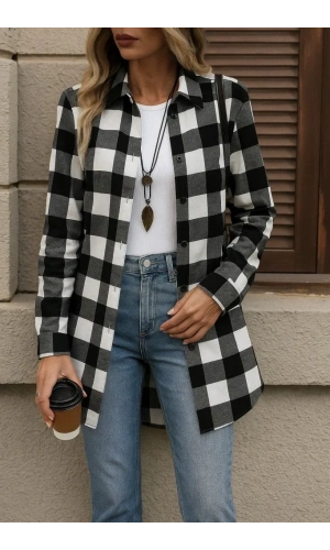 Kadın Uzun Kollu Ekoseli önden Düğmeli Dokuma Uzun Gömlek