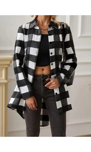 Kadın Uzun Kollu Ekoseli önden Düğmeli Dokuma Uzun Gömlek