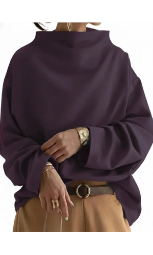 Kadın Uzun Kollu Geniş Balıkçı Yaka Modal Mürdüm Bluz