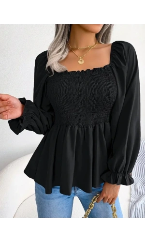 Kadın Uzun Kollu Geometrik Yakalı Gipe Detaylı Krep Bluz